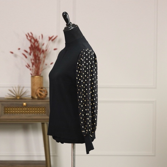 CeCe Black Blouse with Gold Dot Sleeves - Picture 2 of 8
